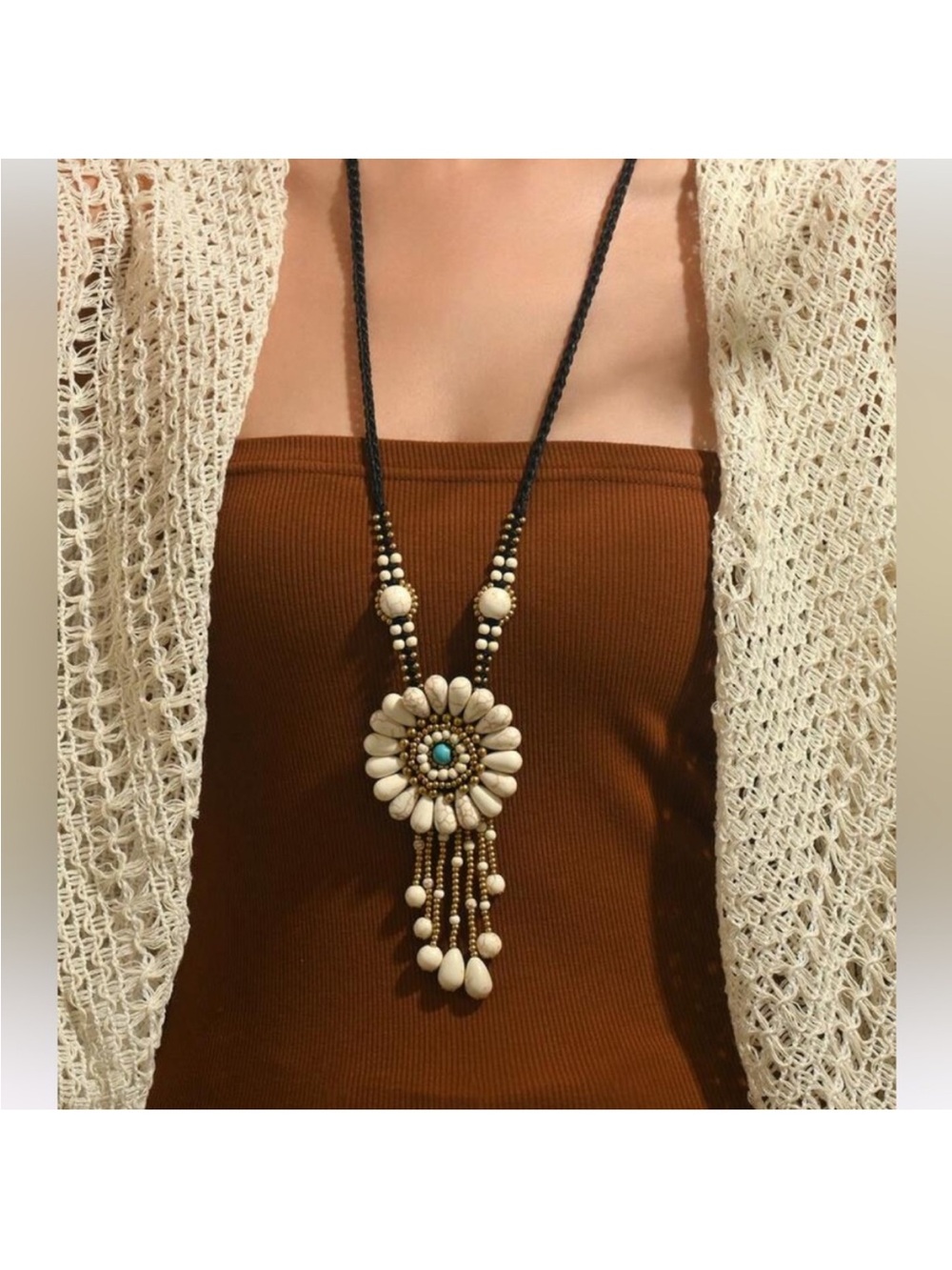 New! Boho Western Statement Beaded Floral Pendant Howlite Necklace